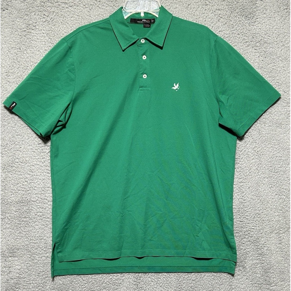RLX Ralph Lauren Mens Polo Golf Shirt L Performance Short Green Holy Spirit Logo